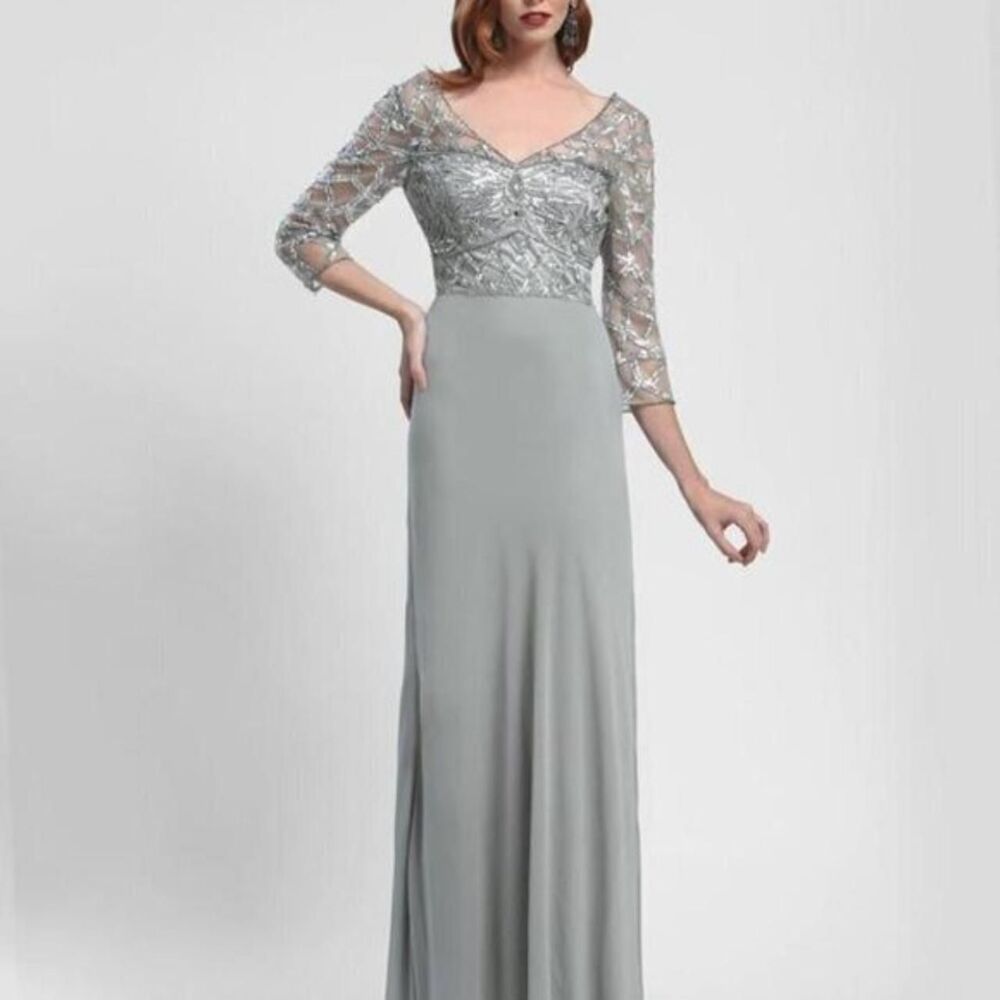 Sue Wong NWT Platinum Silver Sequin Art Deco Maxi Gown 2